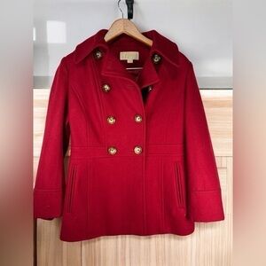 Michael Kors Red Wool Blend coat Peacoat Jacket Small womens coat gold buttons